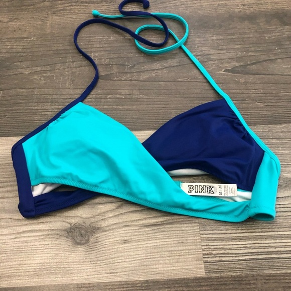 PINK Victoria's Secret Women's Blue and Teal Halter Bikini Top Medium - Picture 3 of 5